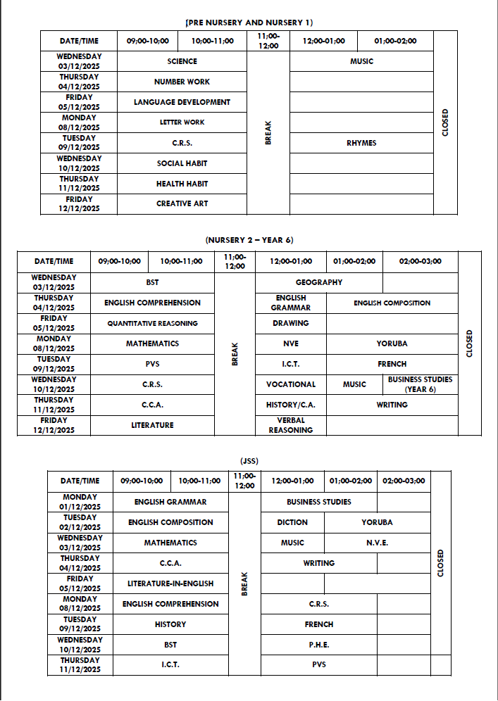 FIRST TERM EXAMINATION TIMETABLE