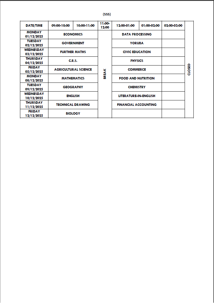FIRST TERM EXAMINATION TIMETABLE