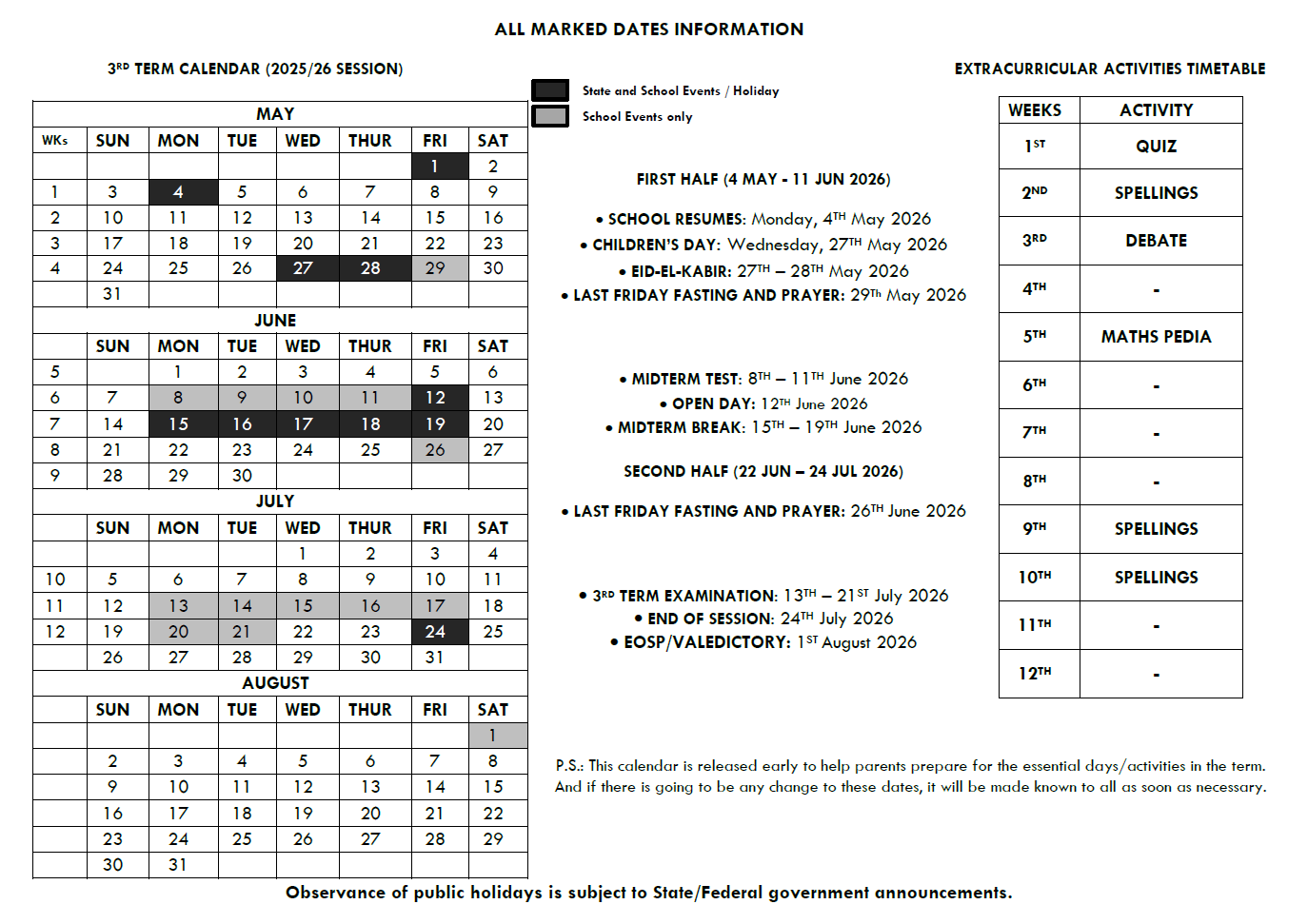 THIRD TERM CALENDAR