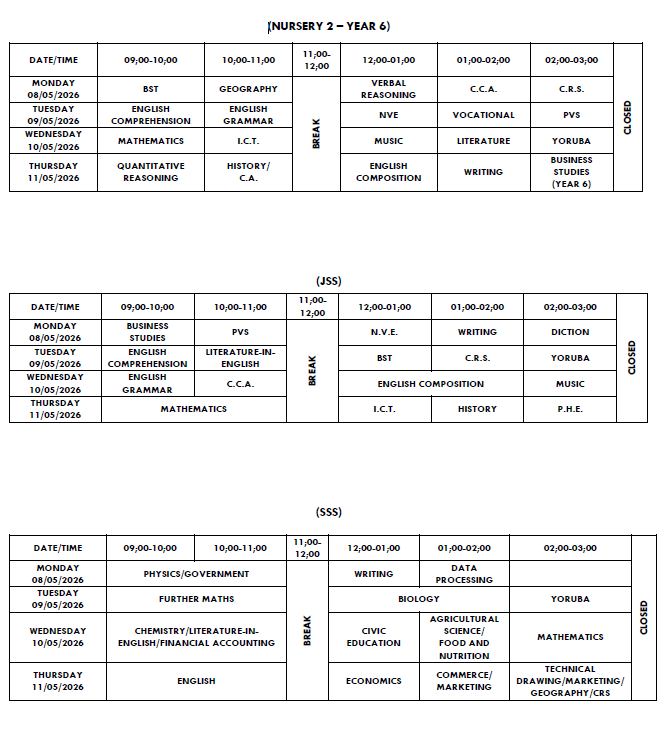 MID TERM TESTS TIME-TABLE