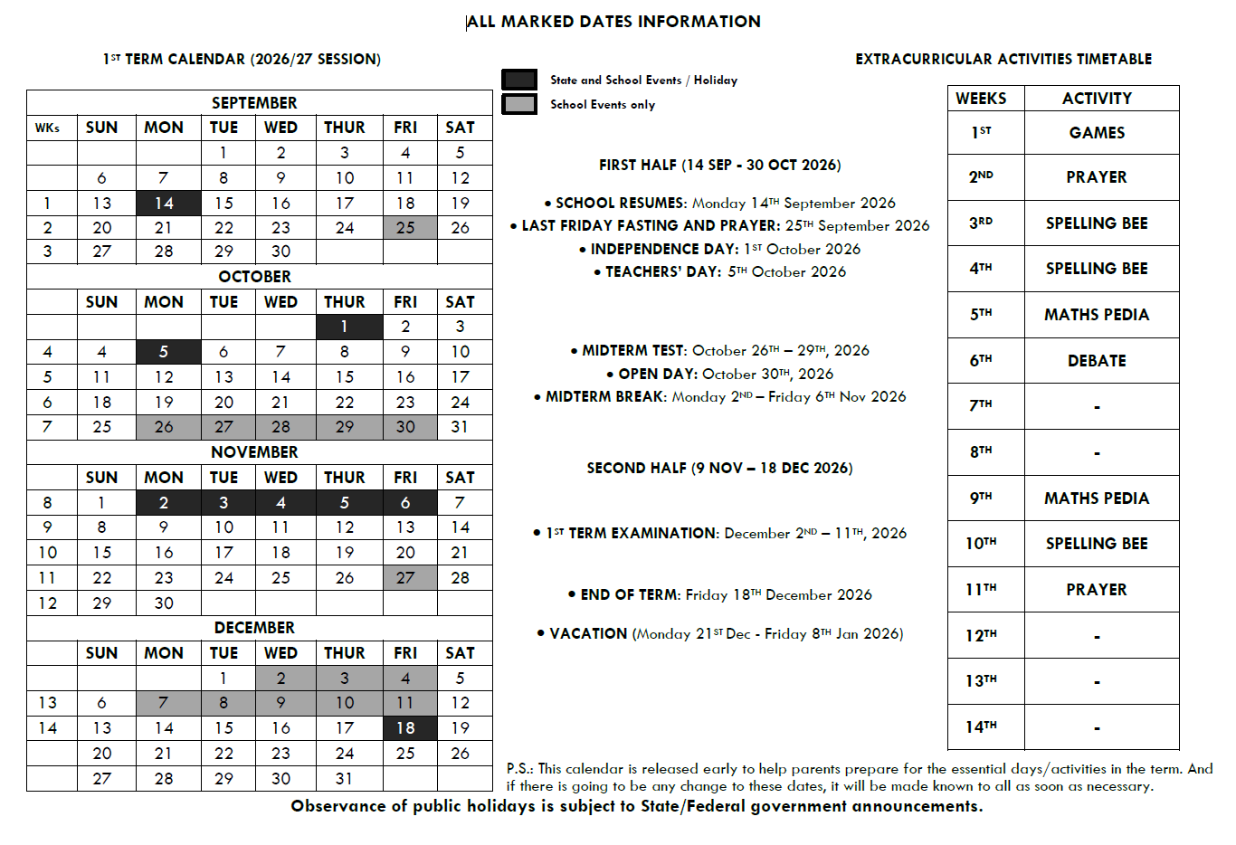 FIRST TERM CALENDAR 2026/27 SESSION