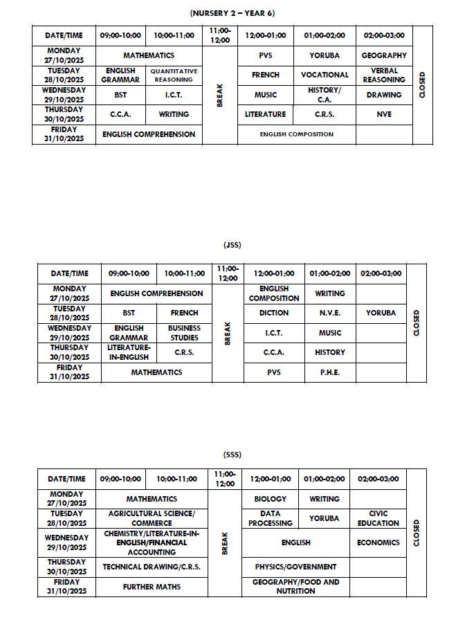 FIRST TERM MID TERM TEST TIMETABLE 2026/27 SESSION